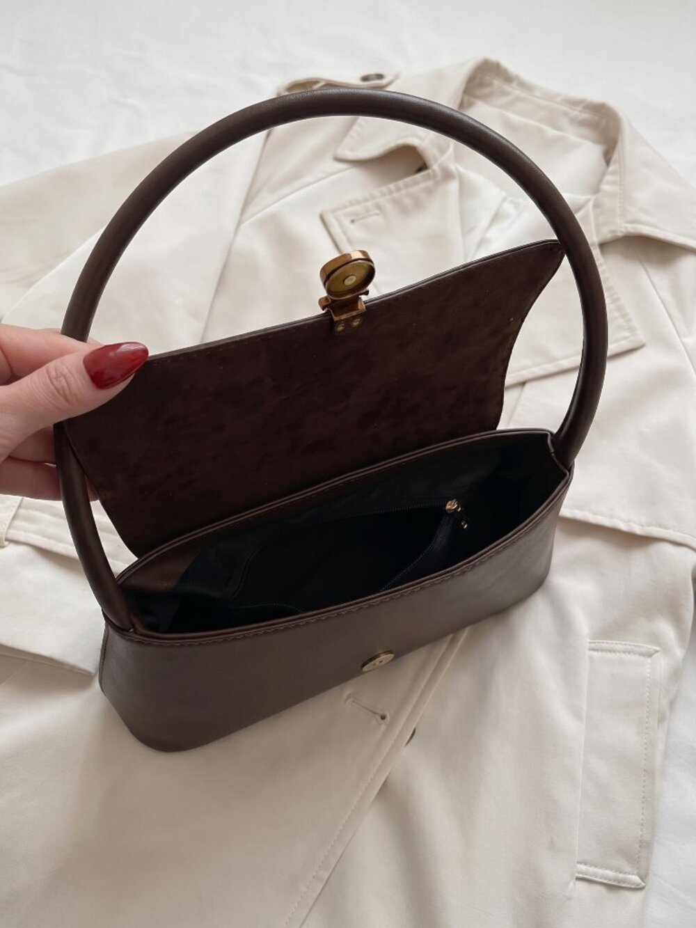 Women's Brown Suede Look Vintage Shoulder Bag Retro French Underarm Clutch Purse - Picture 2 of 5
